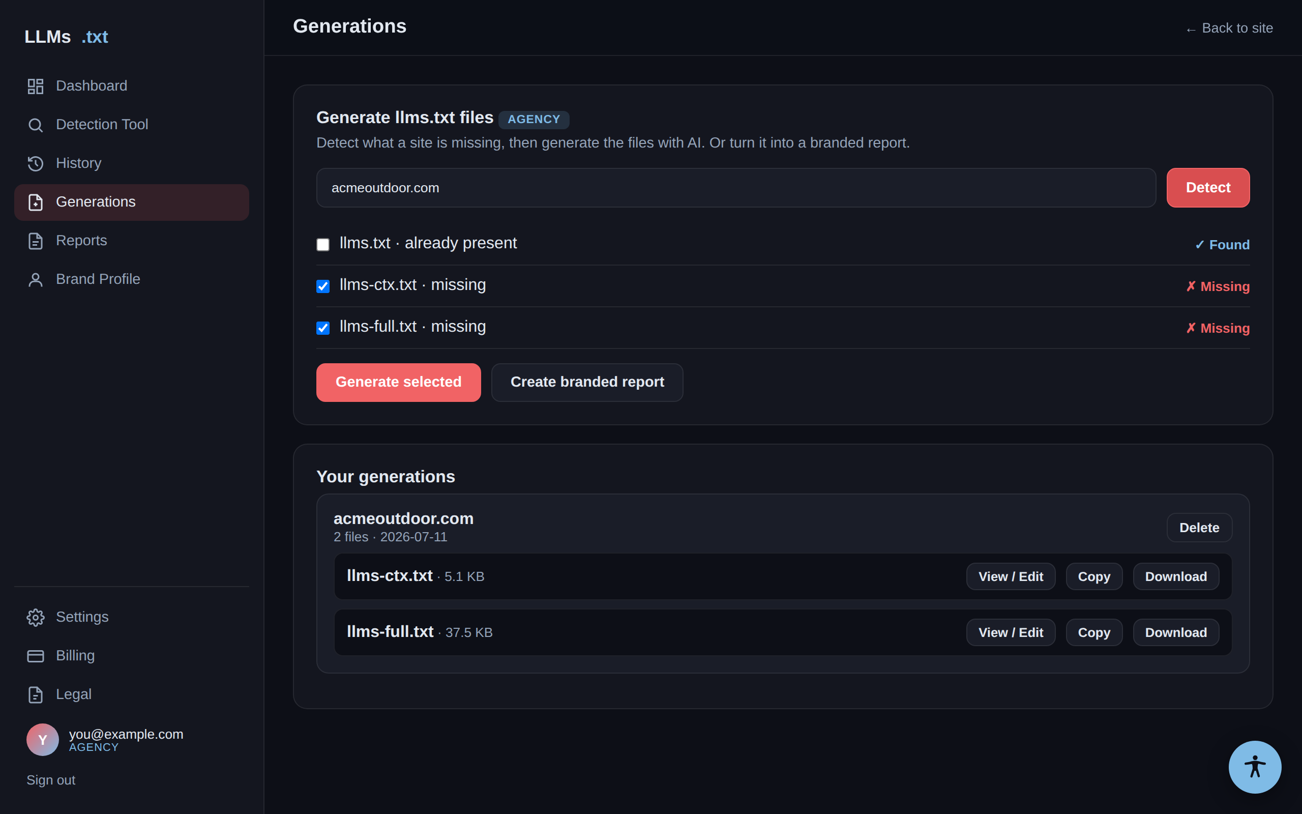 Detection results with file checkboxes and saved generations