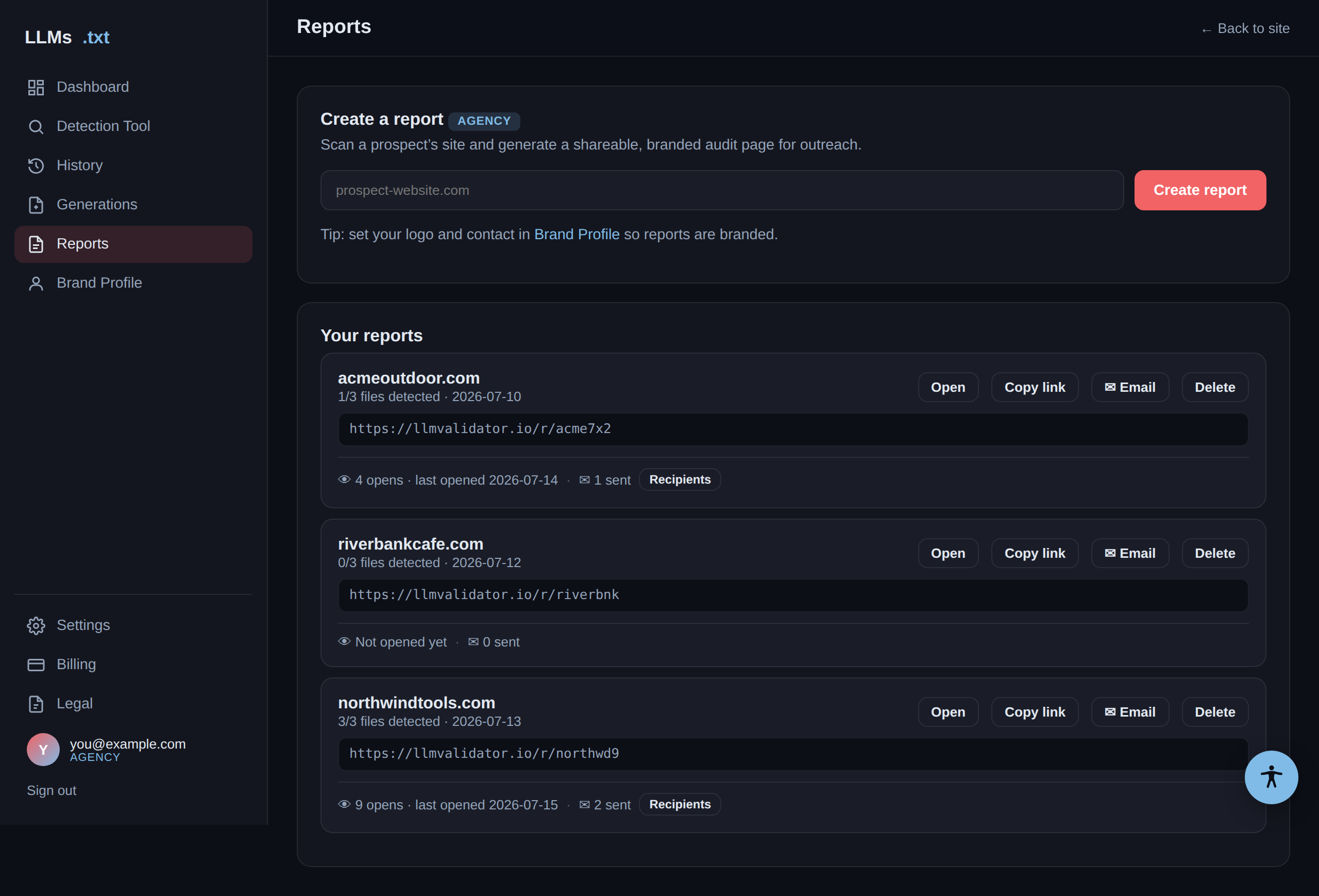 The reports list with share links and activity