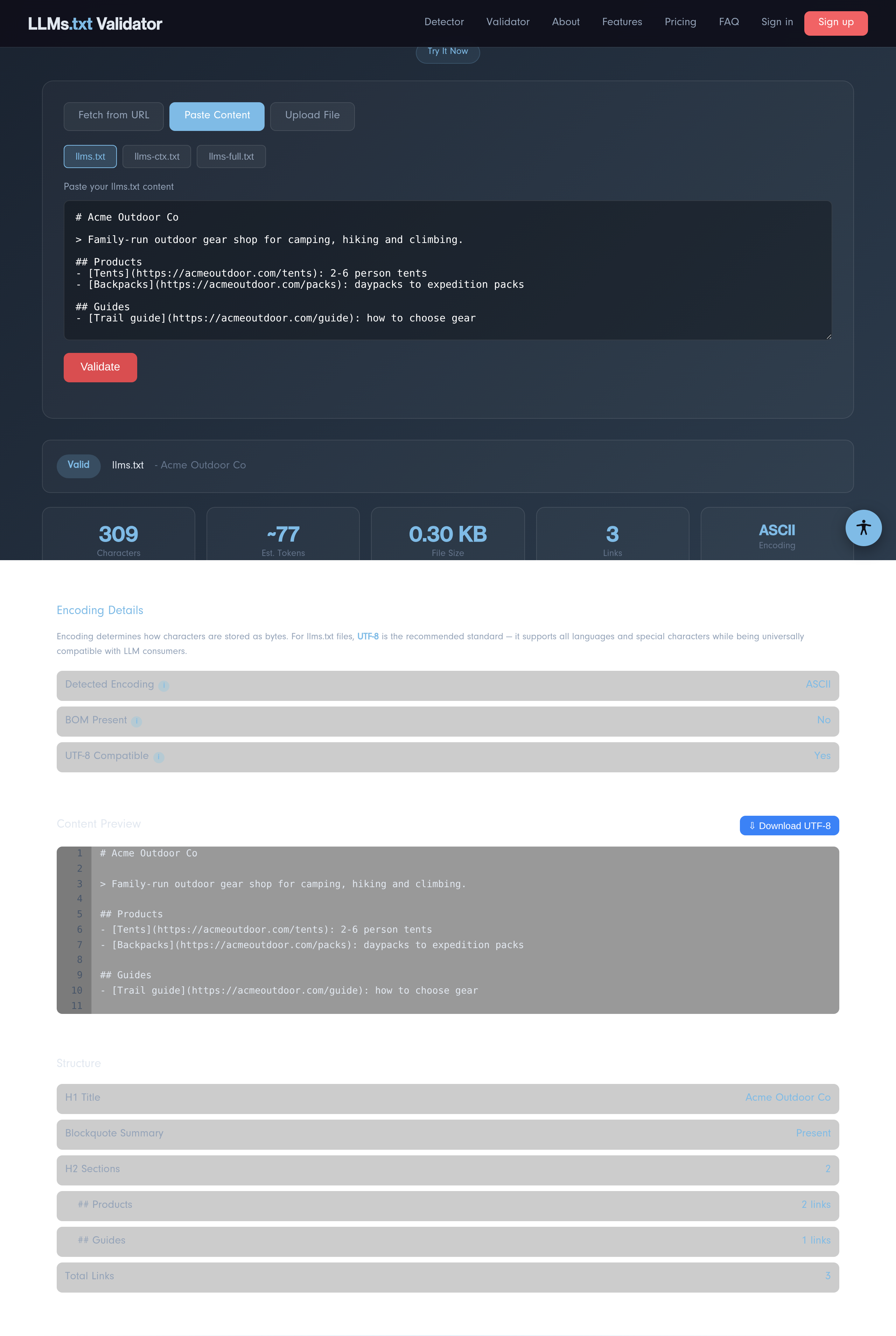 Validation results with stats and structure